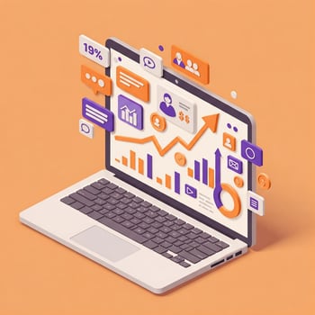 lustración de una computadora portátil. En la pantalla, múltiples gráficos y números representan crecimiento en demanda digital.