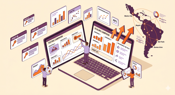 Post ID Meta Ads escalamiento isometric illustration showing campaign continuity and algorithm signals
