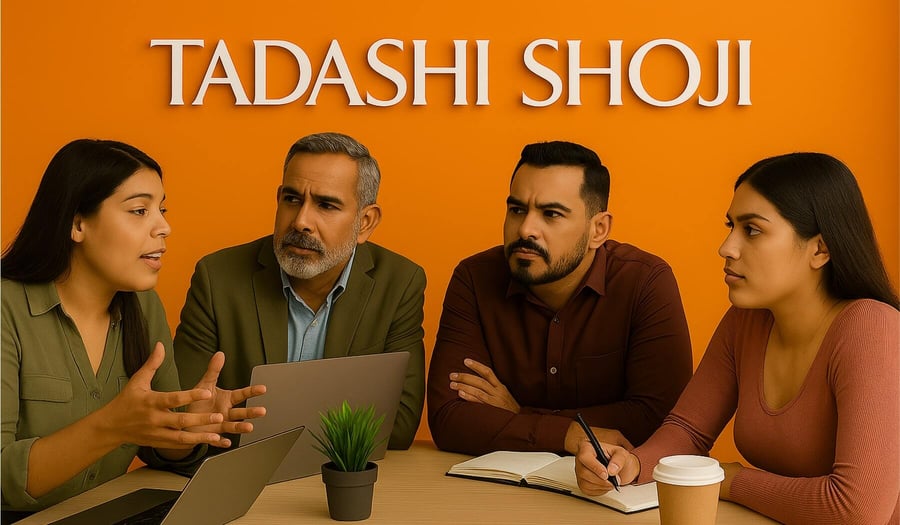 Un diverso equipo de profesionales reunidos durante una junta. El logotipo de Tadashi Soji se ubica en la parte superior de la imagen.