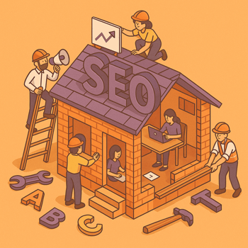 Ilustración de un equipo de marketing construyendo una casa con letras y herramientas. En el techo, la palabra "SEO".