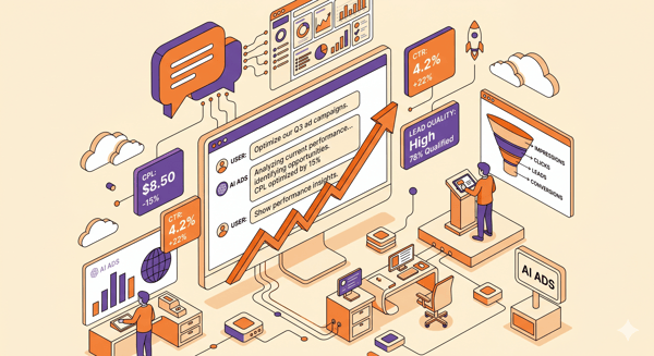 Publicidad en ChatGPT — dashboard de métricas de campaña, embudo de conversión y flujo chat-a-lead